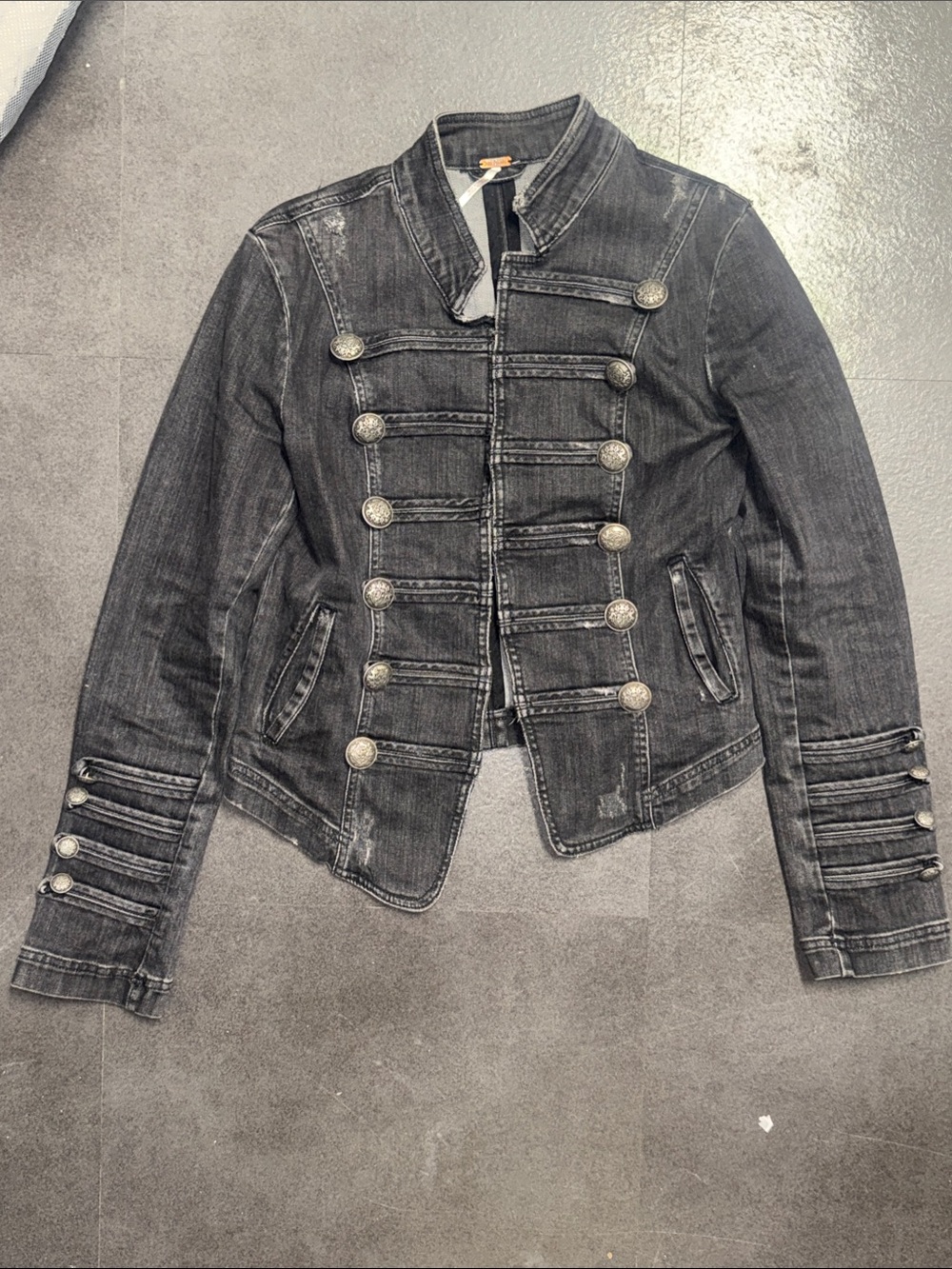 Free People Black Washed Military-Style Denim Jacket